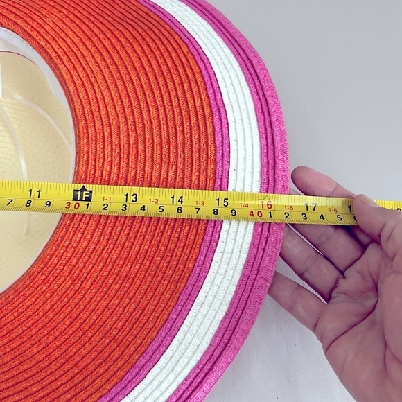 Multicolored straw woven floppy round Hat stripes tie pink orange white NWOT - Picture 5 of 6